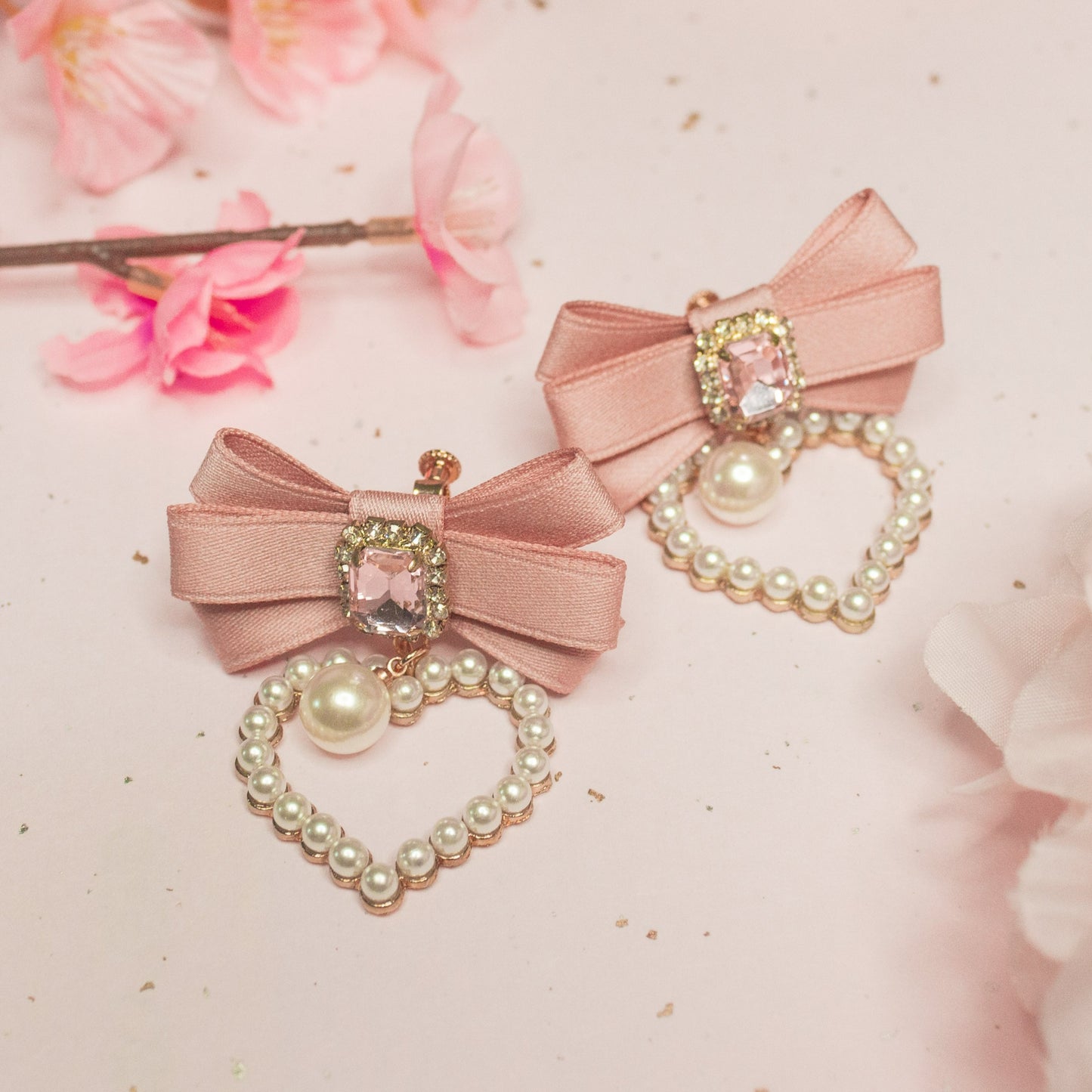 Pink Bow Heart Dangle Earrings