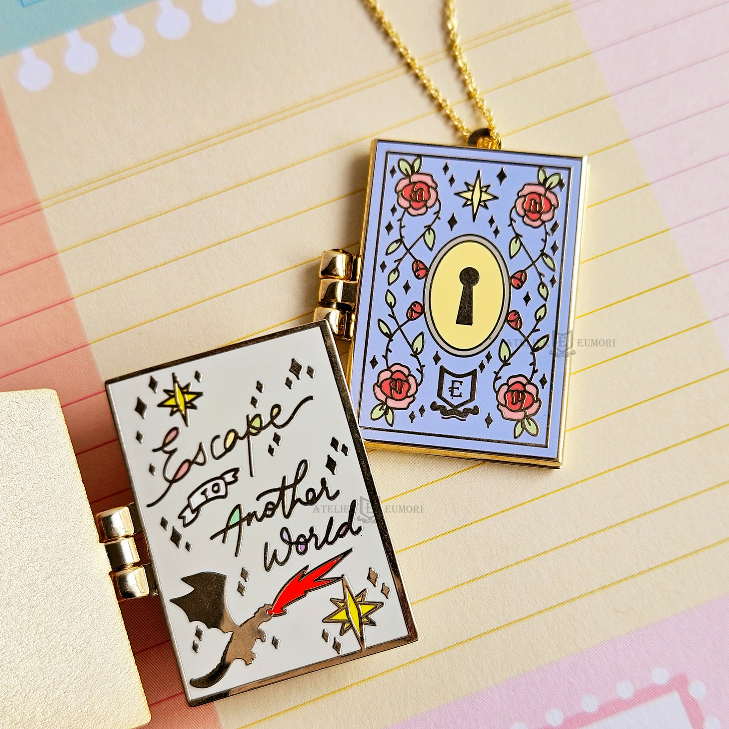 Escapism Book Enamel Pin / Fairytale Book Gold Necklace